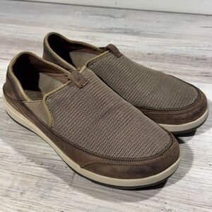 OluKai Makia Men's Sz 9 Brown Leather Mesh Slip On Casual Sneakers